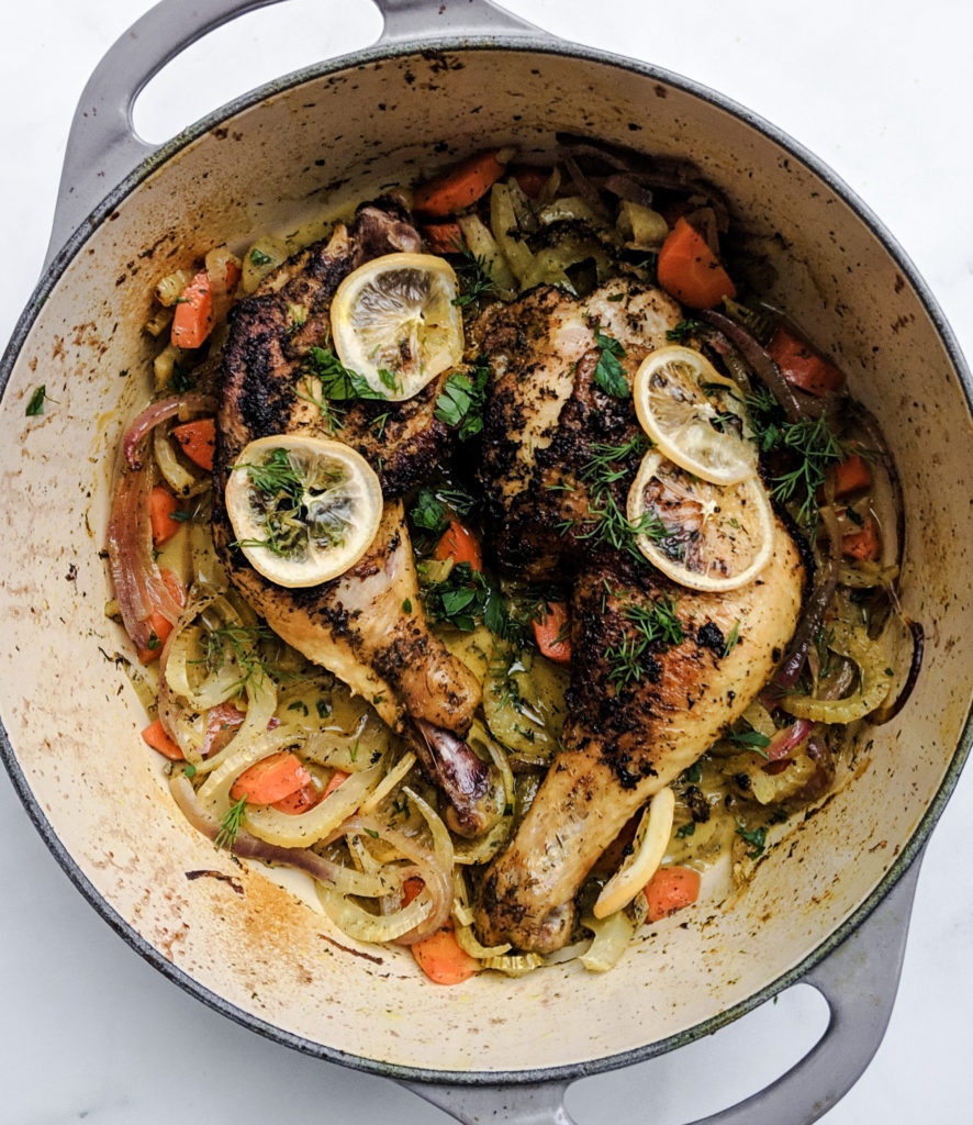 Chicken and veggies in le creuset 