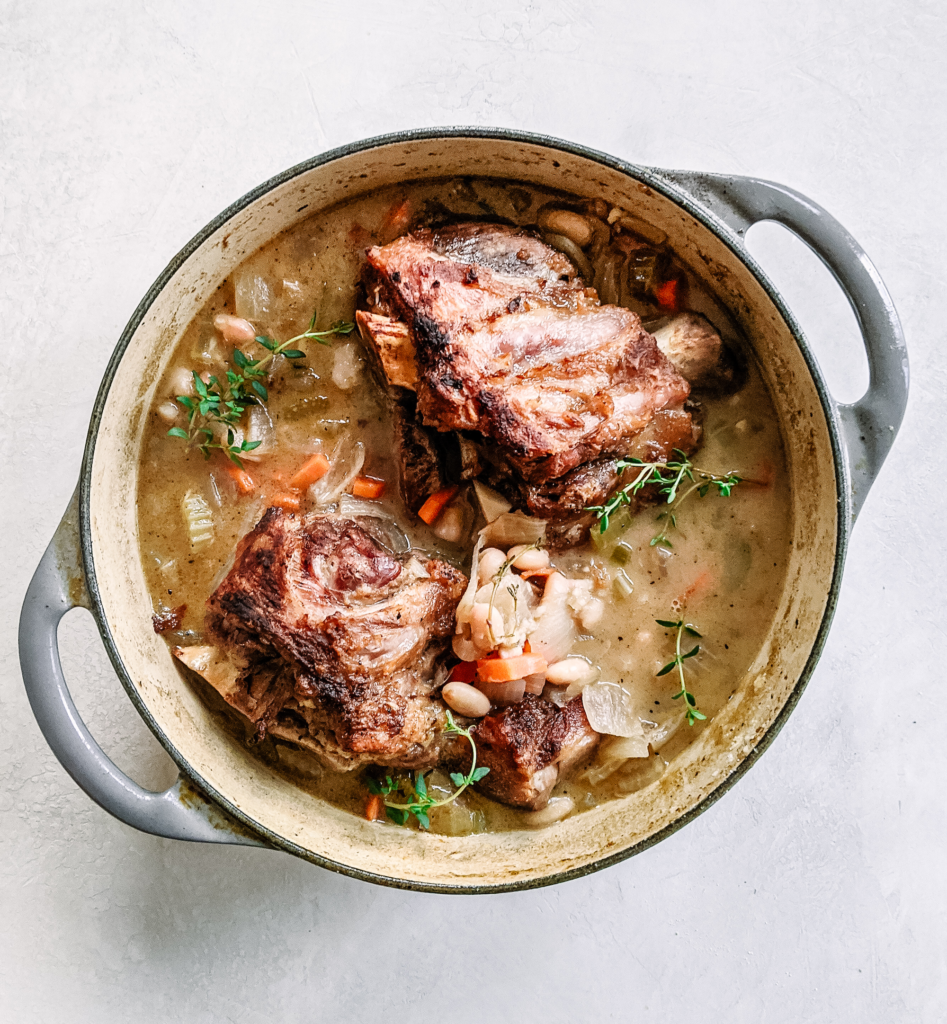 Braised pork shanks with white beans in le creuset post