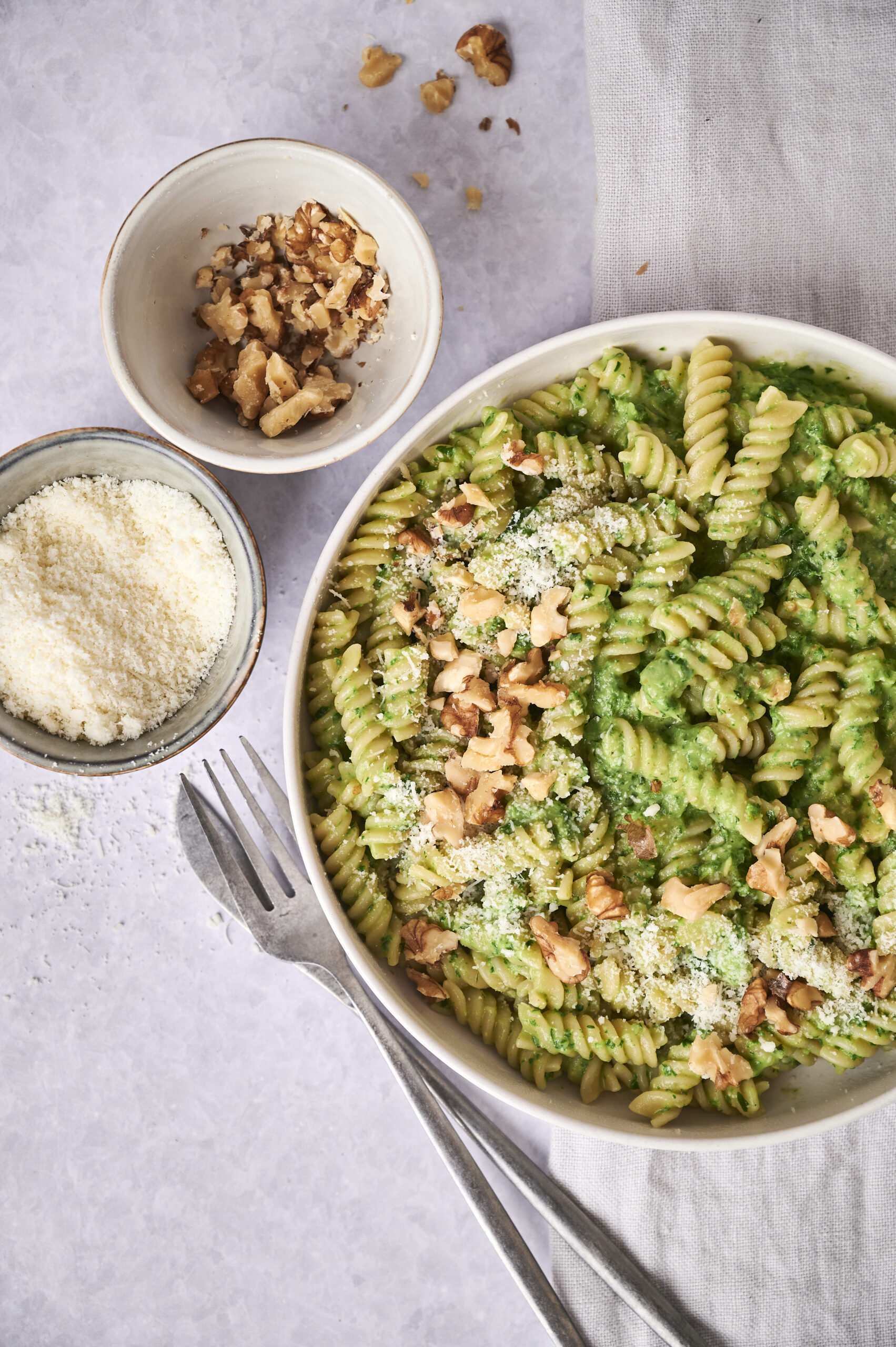 Creamy kale pesto pasta in bowl