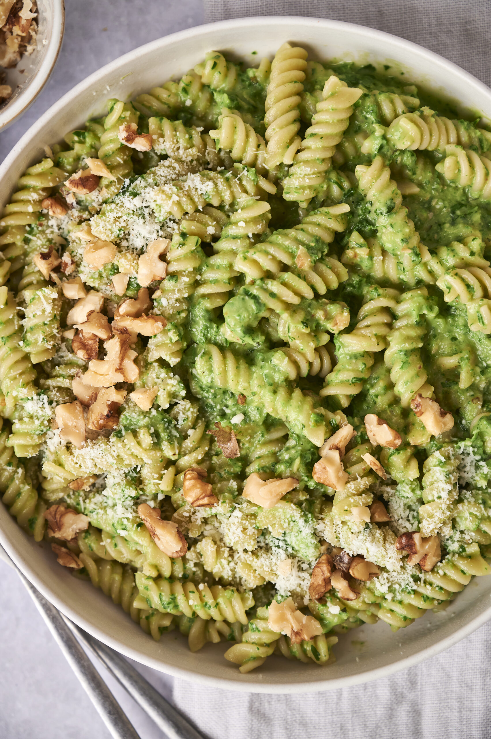 Creamy kale pesto pasta in bowl