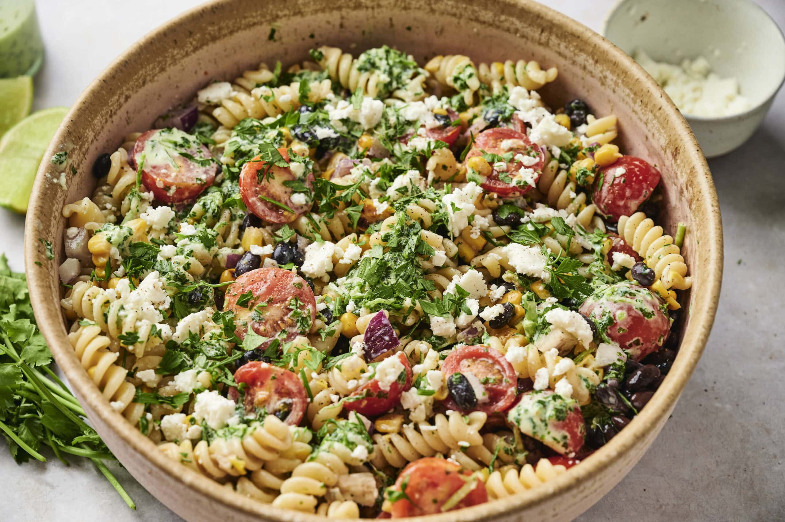 Street corn pasta in a bowl 