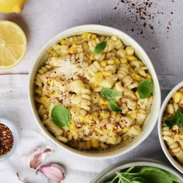 Creamy corn pasta in a bowl