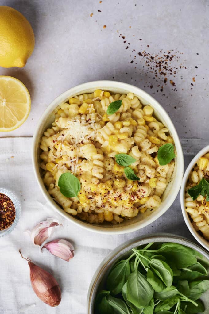 Creamy corn pasta in a bowl