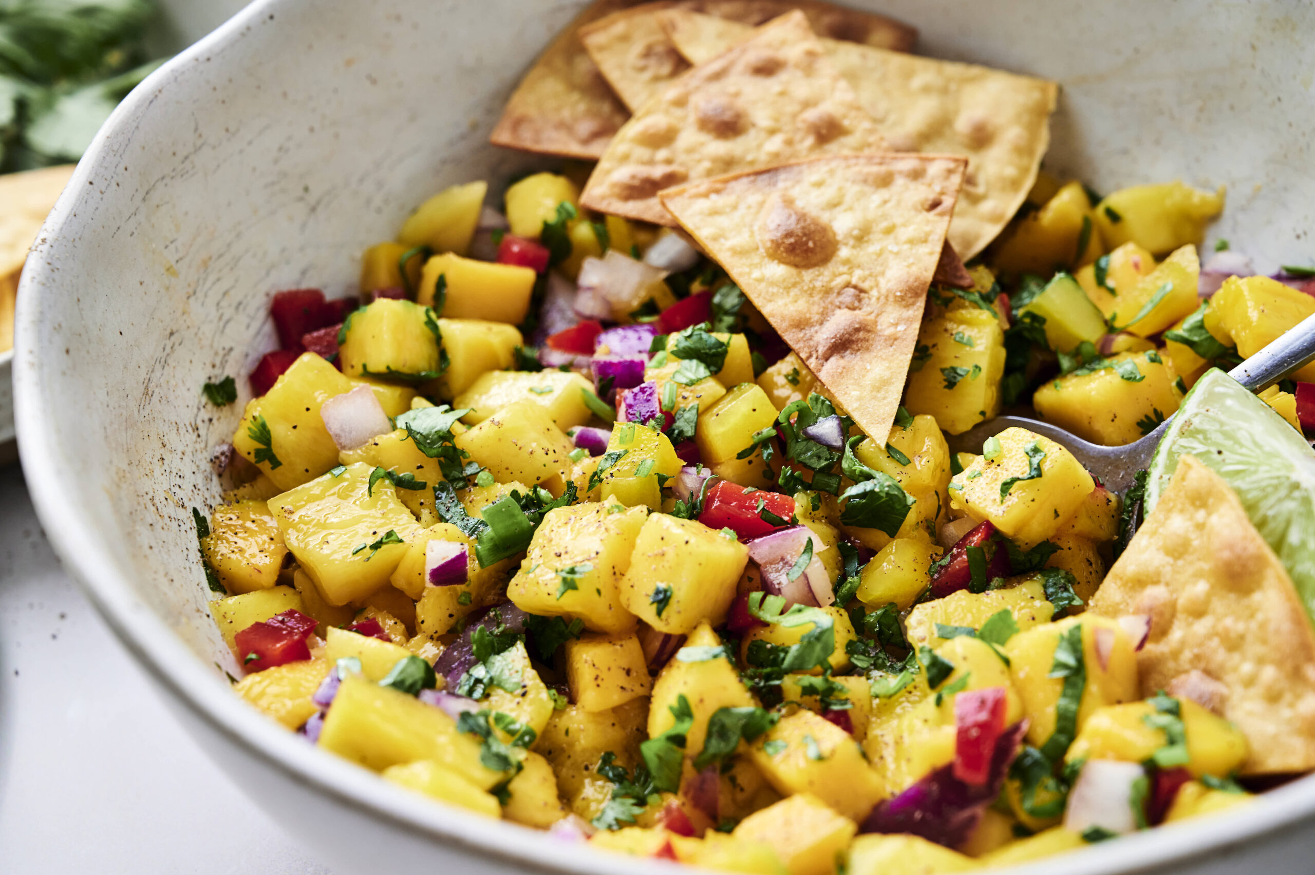 Fresh mango salsa in a bowl. 