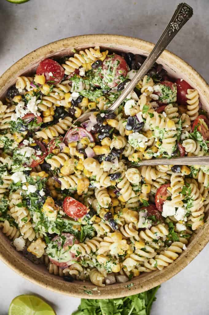 Street corn pasta salad in a bowl