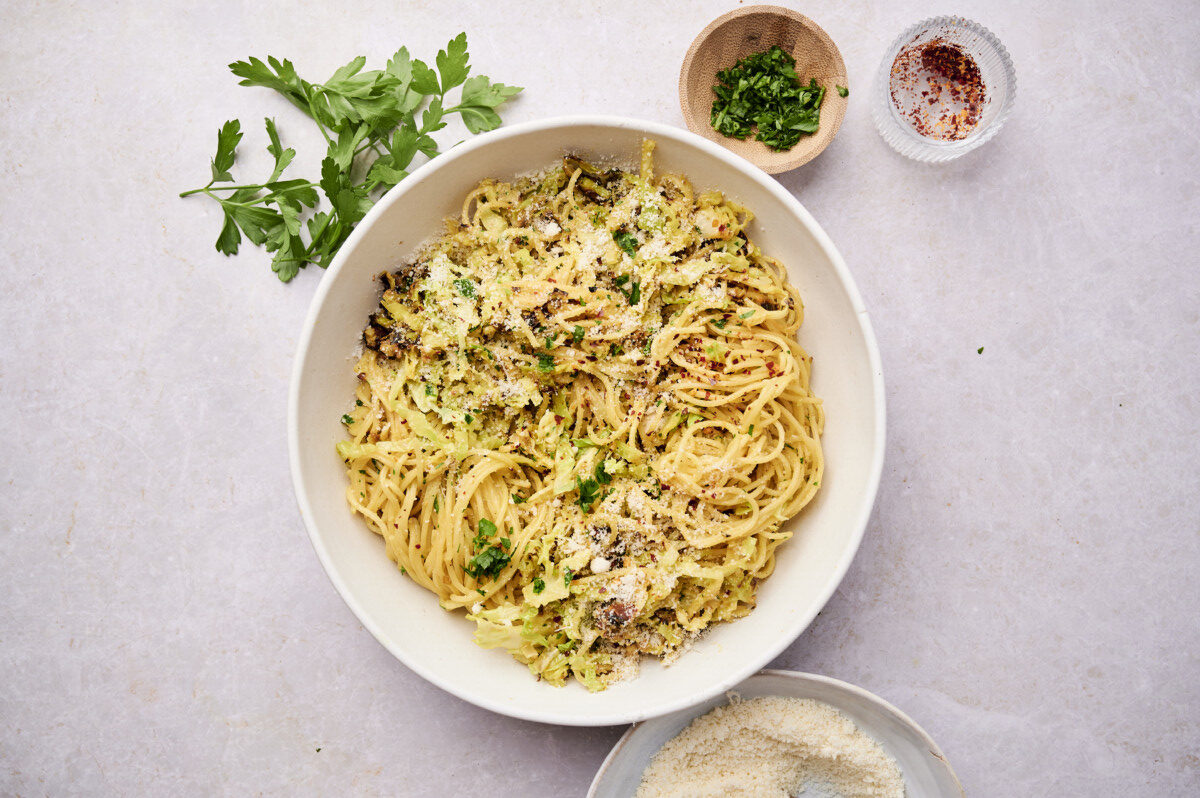 creamy braised cabbage pasta in serving bowl