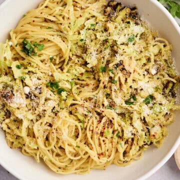 braised cabbage pasta in a bowl