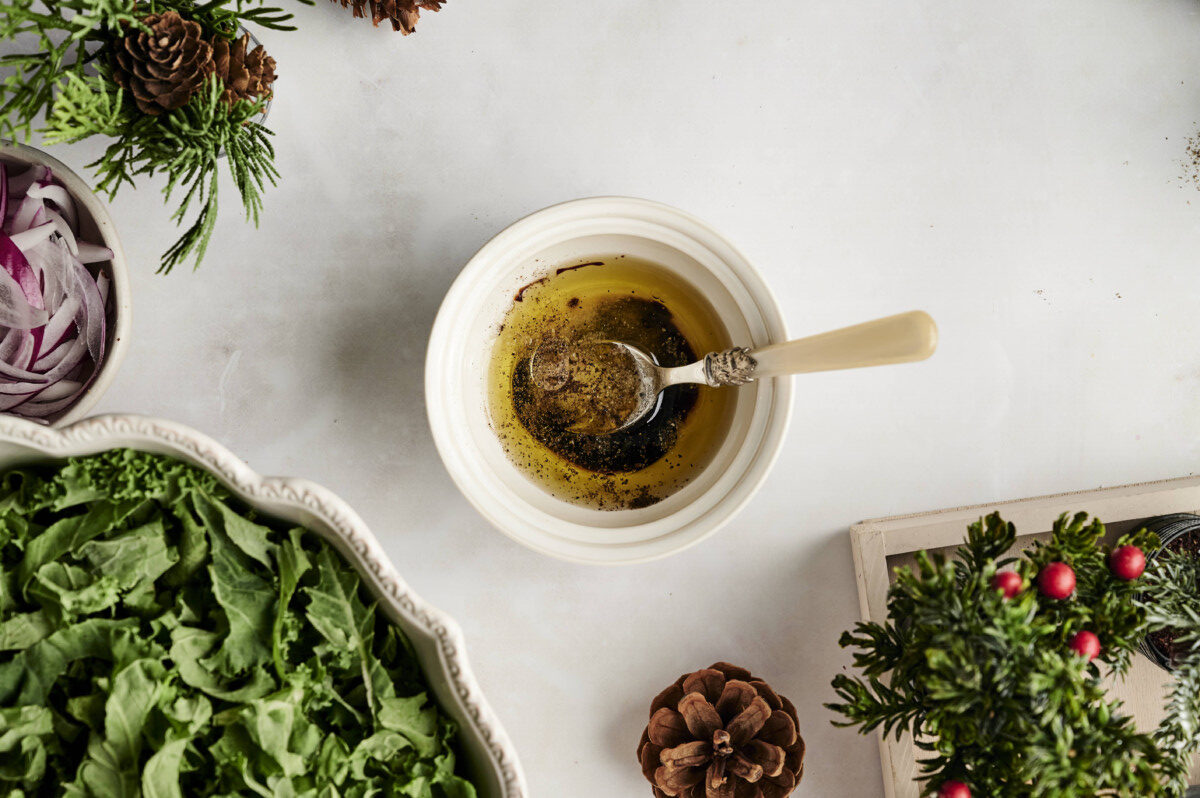 Pomegranate vinaigrette salad dressing in a bowl 