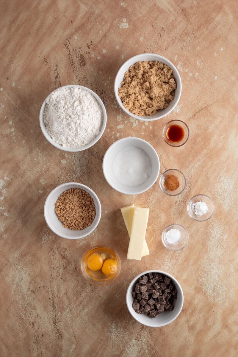 Ingredients laid out for Brown Butter Toffee Chocolate Chunk Cookies