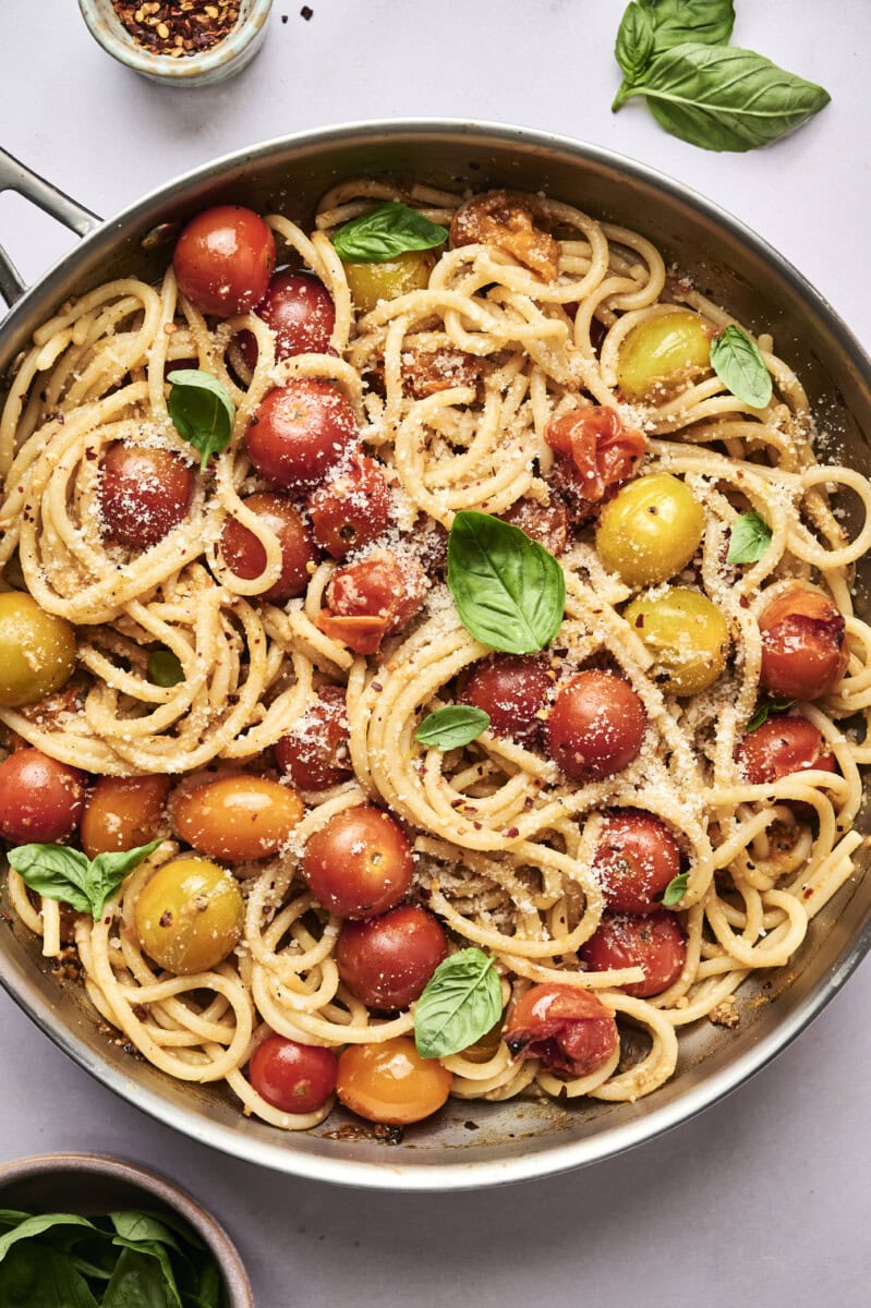cherry tomato pasta in pan
