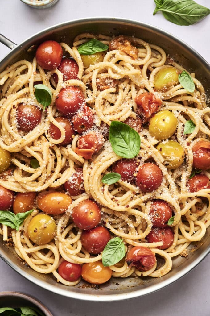 fresh cherry tomato pasta in pan