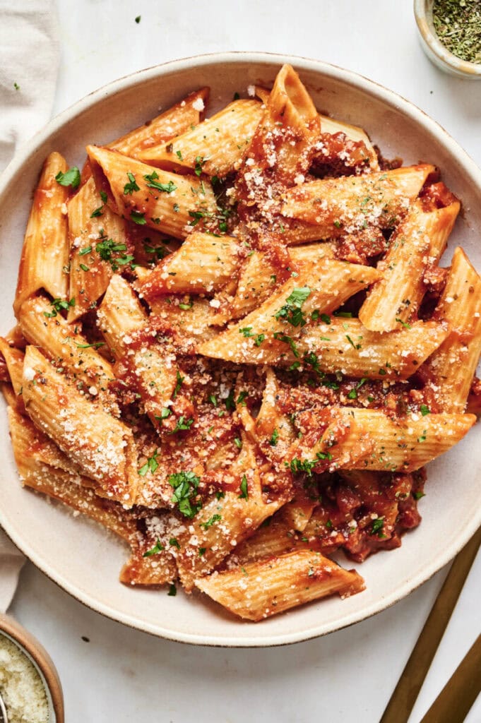 Spanish chorizo pasta on plate