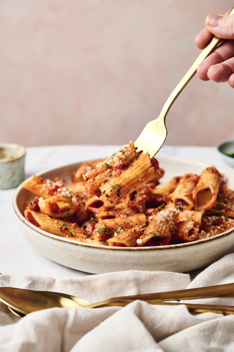 Spanish chorizo pasta in white bowl