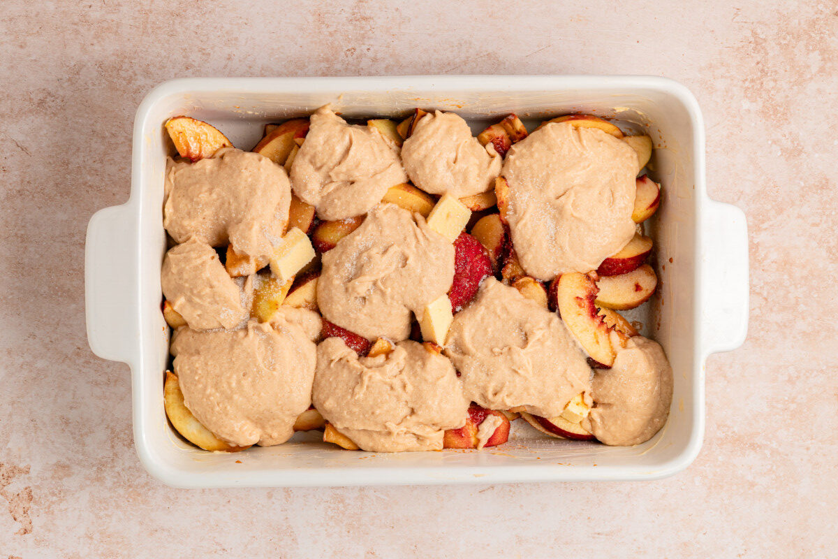 Nectarine cobbler ready to bake